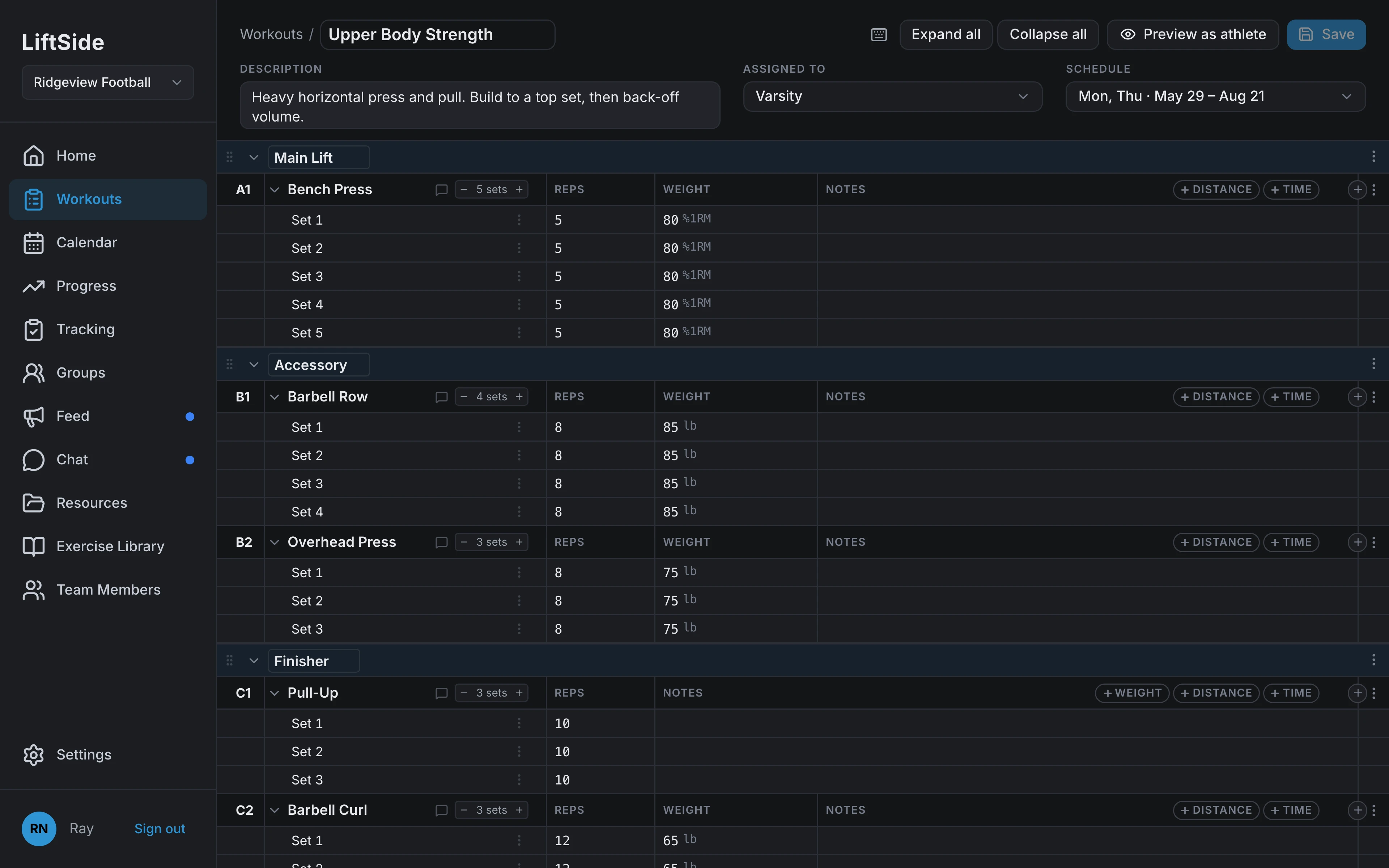 LiftSide workout builder: a main lift with five prescribed sets at 80% of 1RM, plus accessory exercises