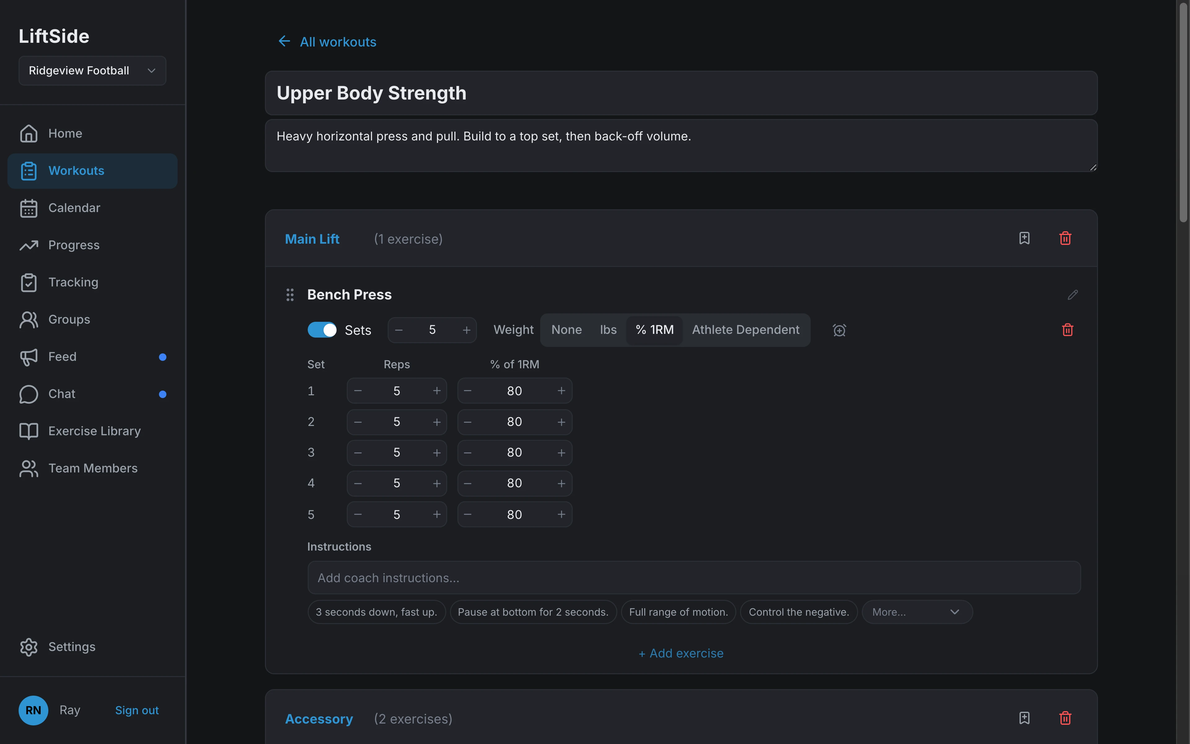 LiftSide workout builder with grouped exercises and per-set prescriptions