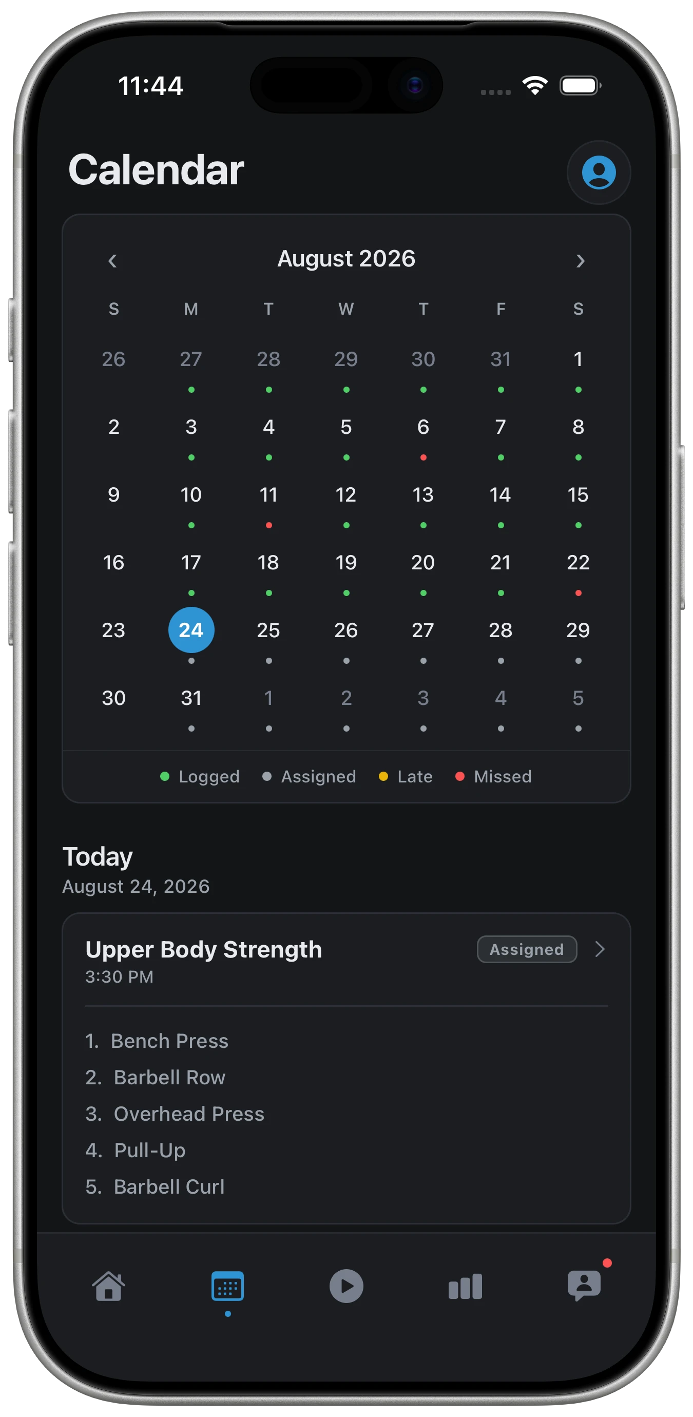 The August calendar in the LiftSide iOS app: status dots on each day and today's Upper Body Strength session selected