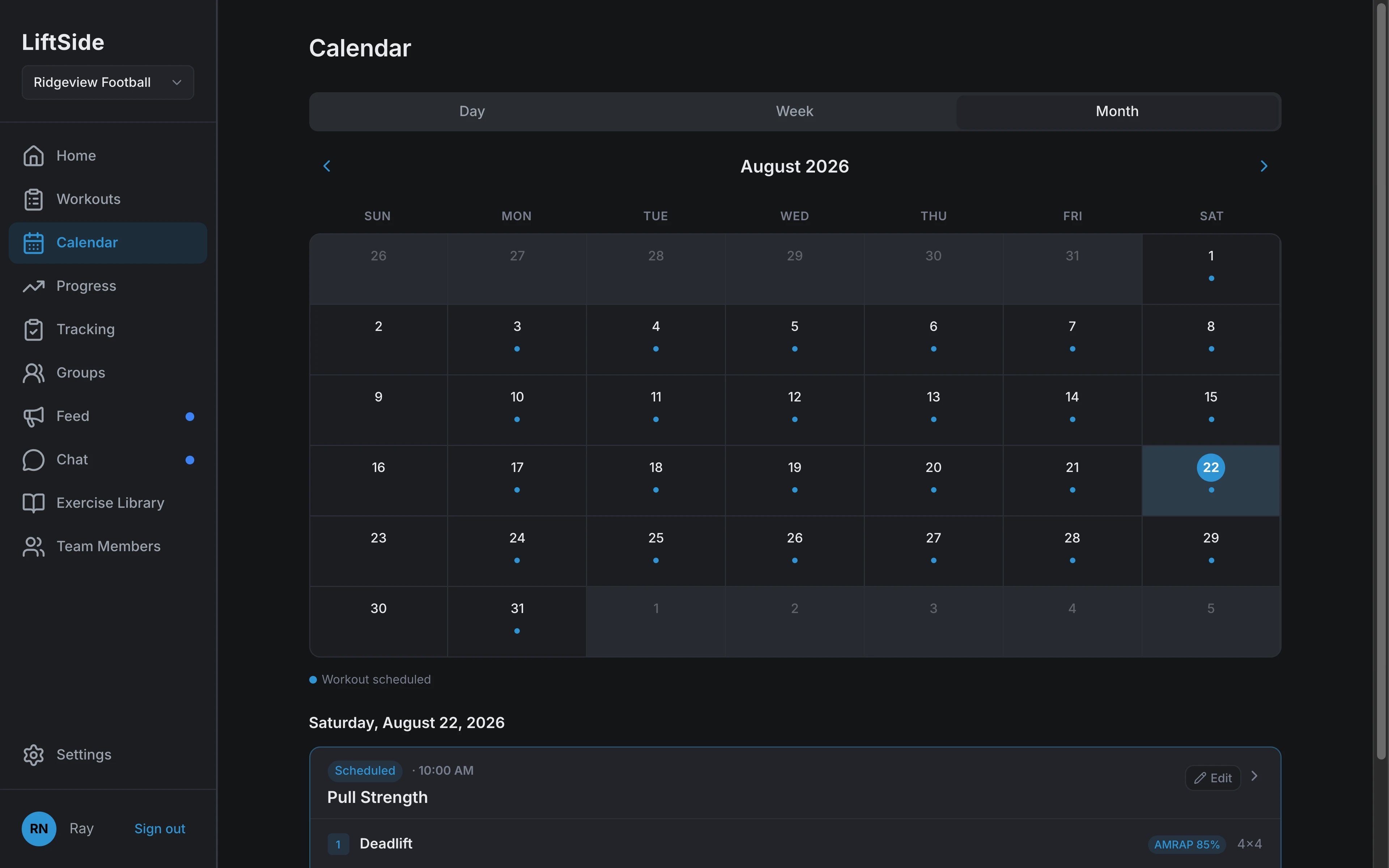 LiftSide month calendar with a session expanded