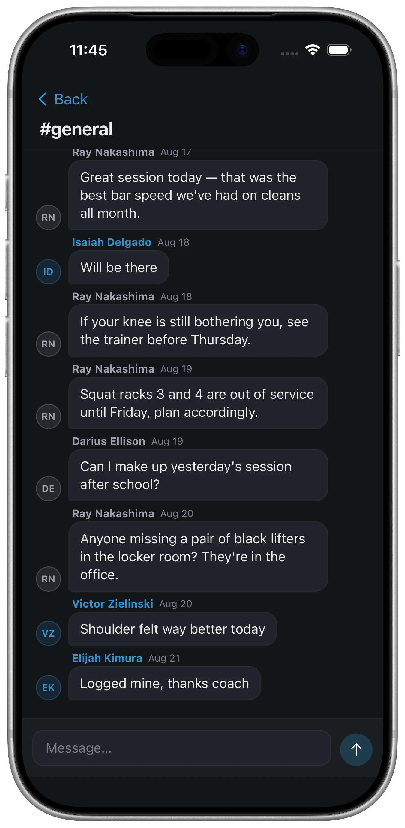 The #general chat channel in the iOS app, with coach and athlete messages and a composer at the bottom