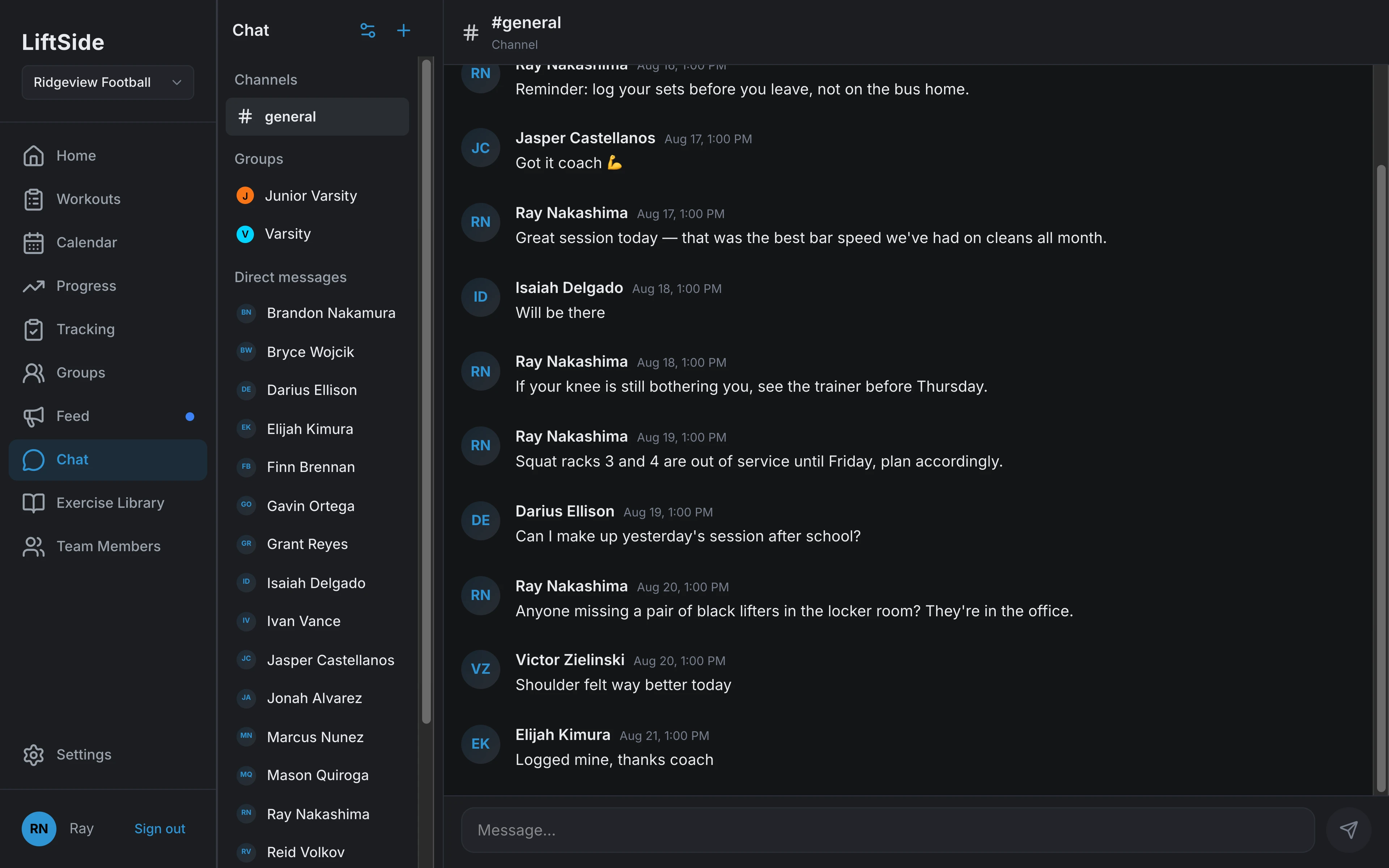LiftSide team chat with channels, groups, and direct messages