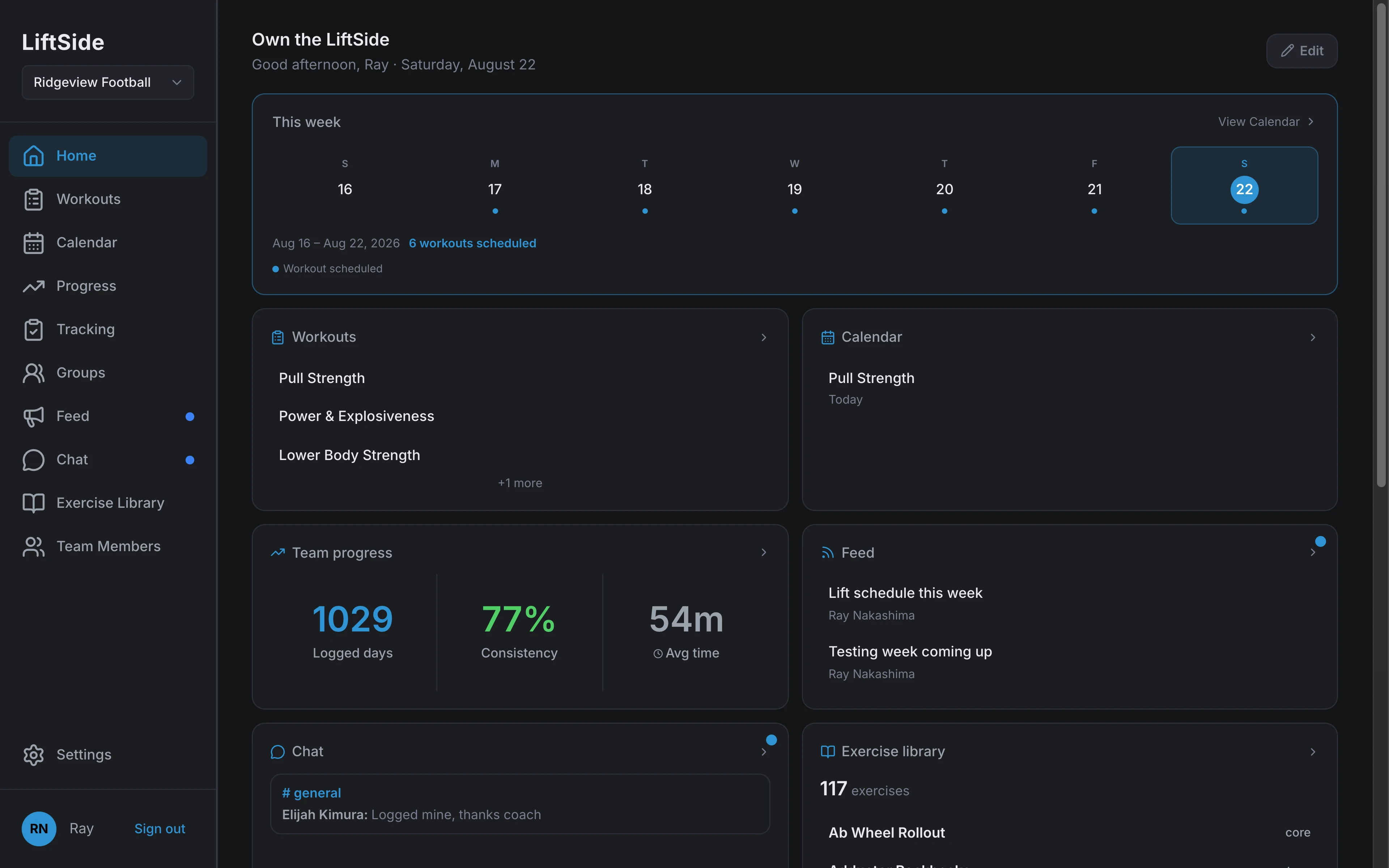 LiftSide home dashboard: this-week strip, workouts, calendar, team progress, feed, and chat widgets