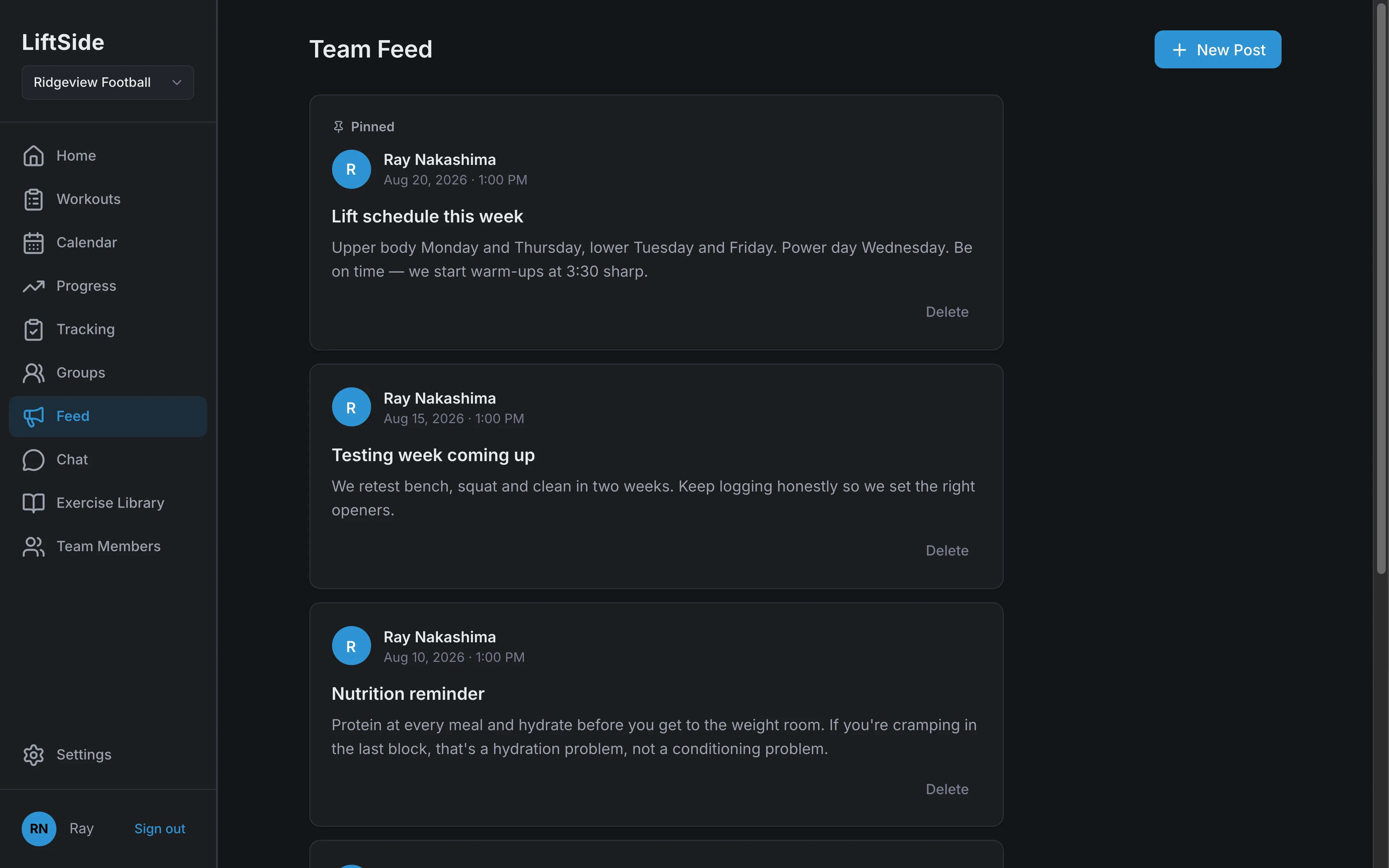 Team feed with a pinned 'Lift schedule this week' post above 'Testing week coming up' and 'Nutrition reminder'