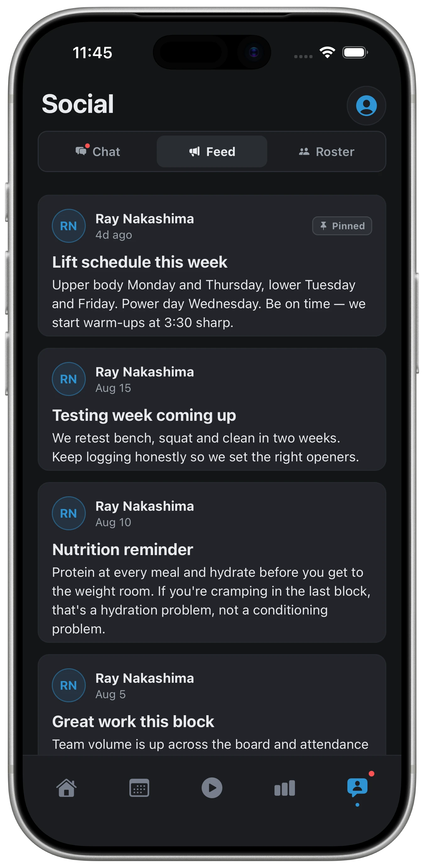 The team feed in the LiftSide iOS app: a pinned lift-schedule post from the coach above testing-week and nutrition announcements