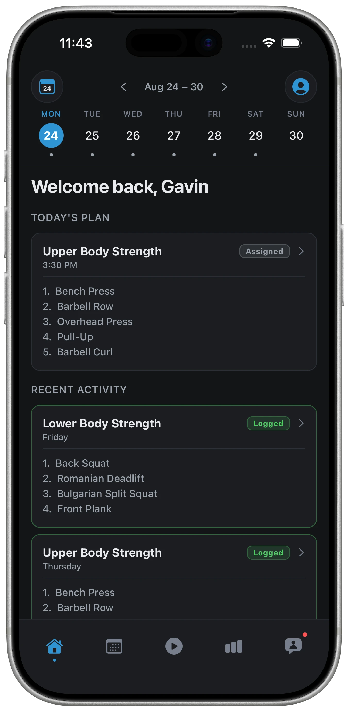 LiftSide iOS home screen: this week's strip, today's Upper Body Strength session at 3:30 PM, and recently logged workouts