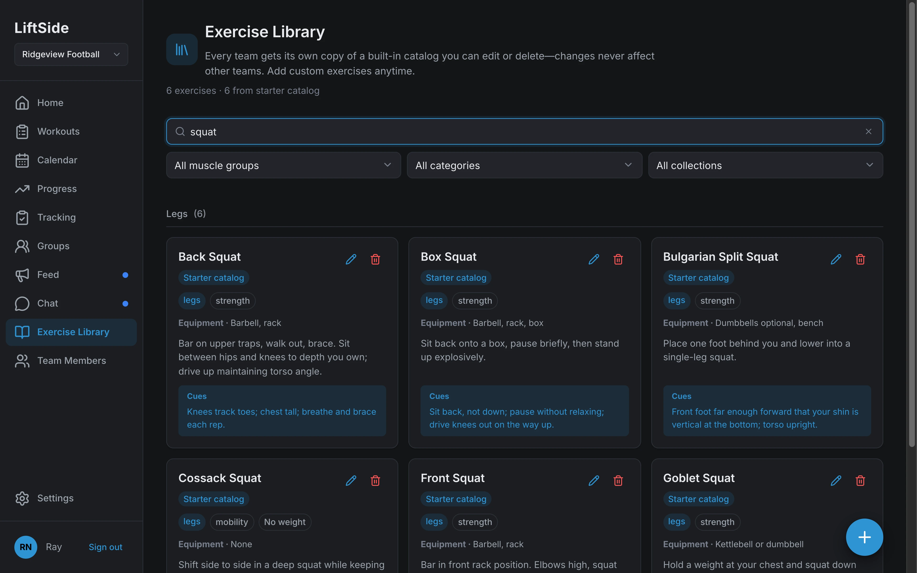 The library filtered by the search term 'squat', showing six matching exercises with their cues