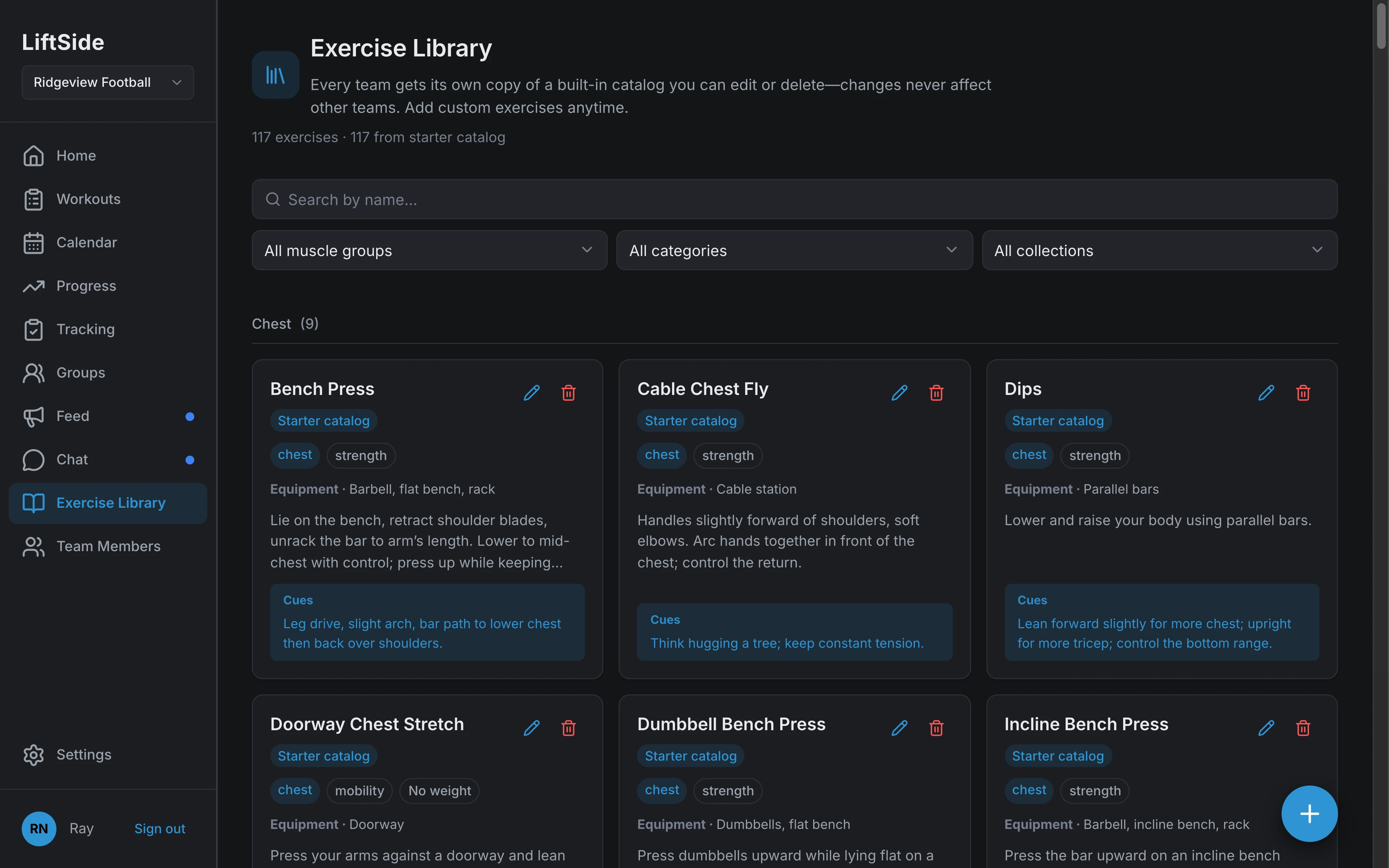LiftSide exercise library with search, filters, and coaching cues
