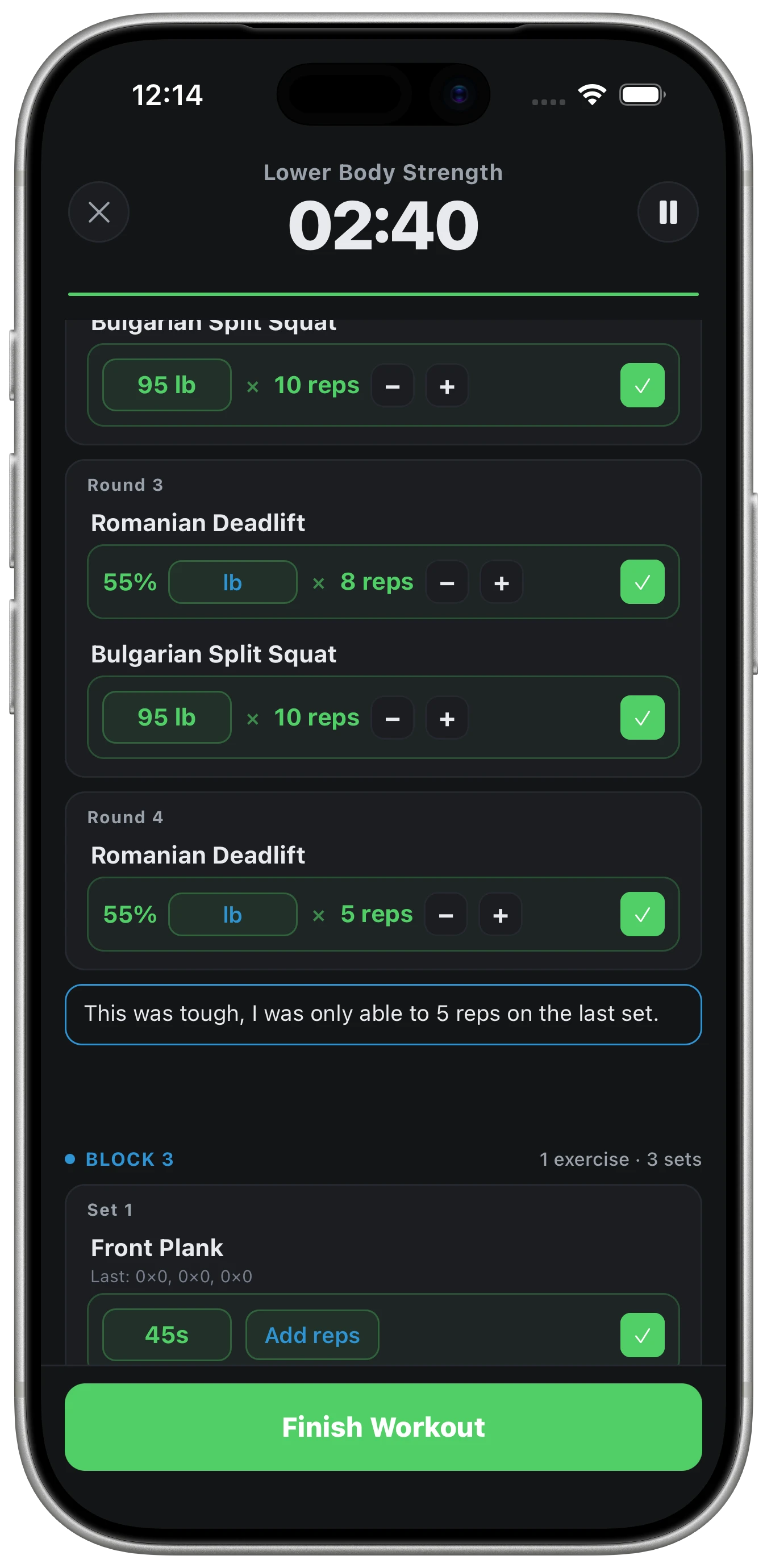 Logging a session in the LiftSide iOS app: completed sets checked off in green, a written athlete note, and a Finish Workout button