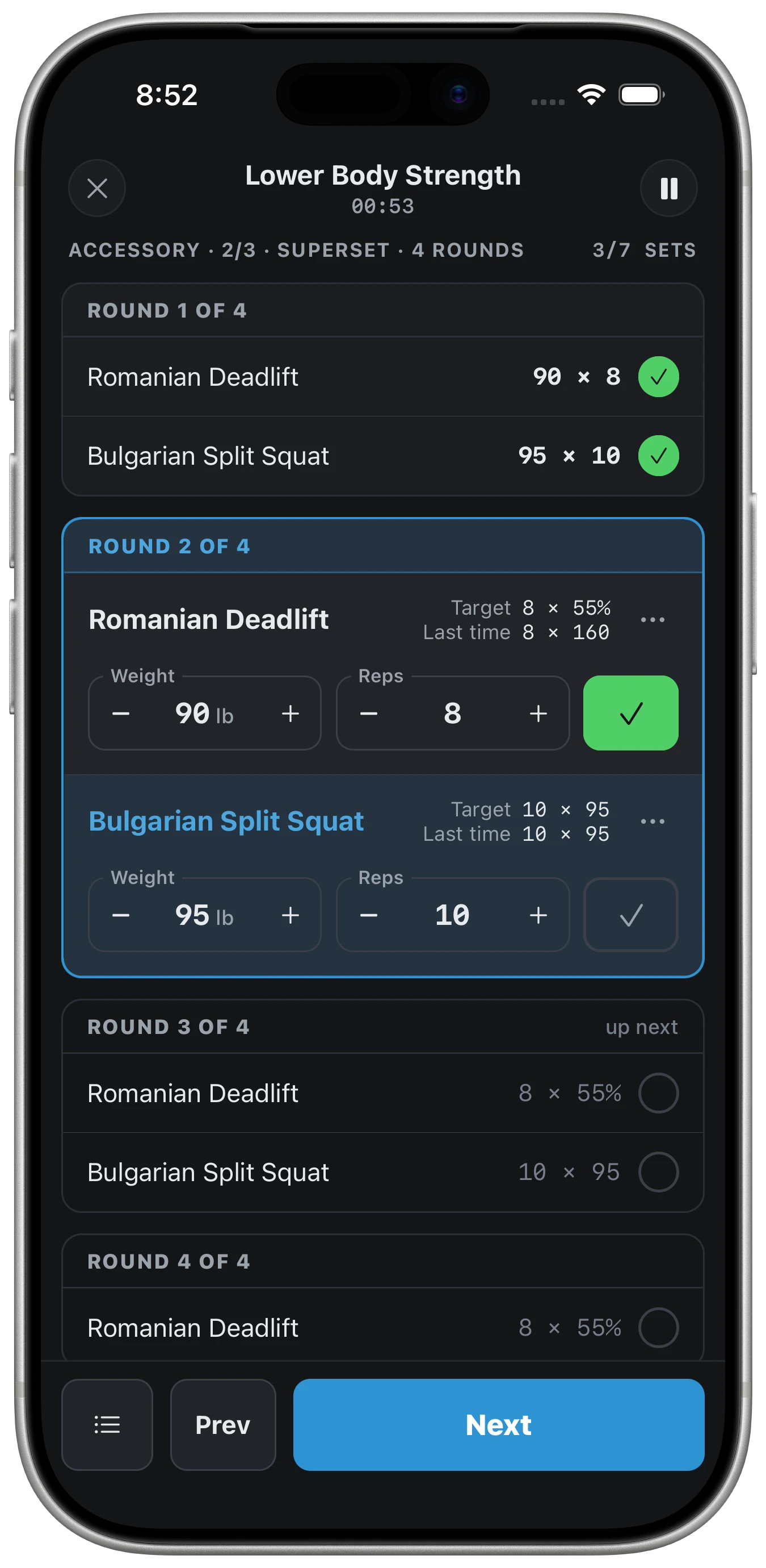 Logging a session in the LiftSide iOS app: completed sets checked off in green, a written athlete note, and a Finish Workout button