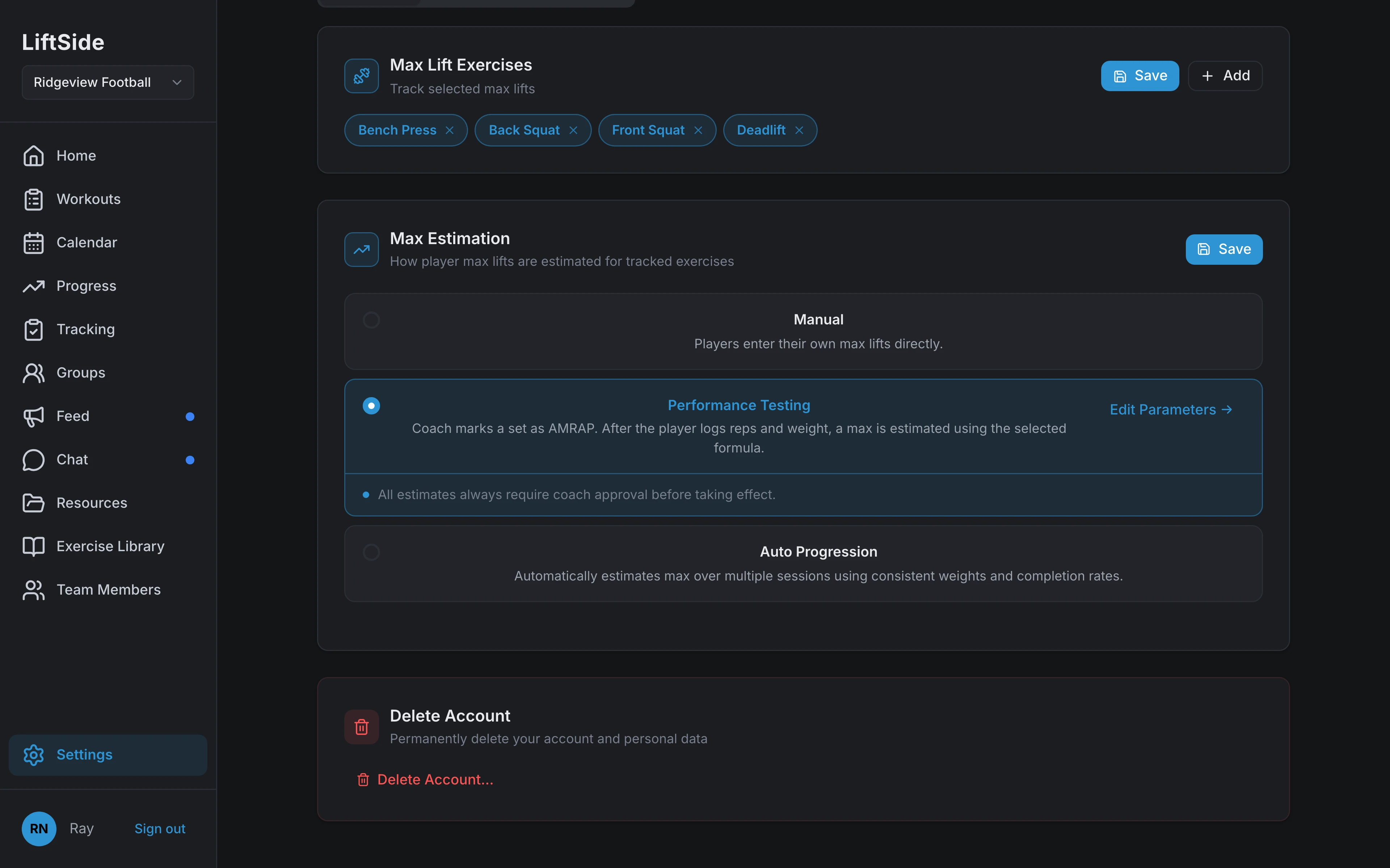 Settings, Lifting Features: tracked max lifts (Bench Press, Back Squat, Front Squat, Deadlift) and Max Estimation set to Performance Testing, with Manual and Auto Progression as the other methods and coach approval required for every estimate