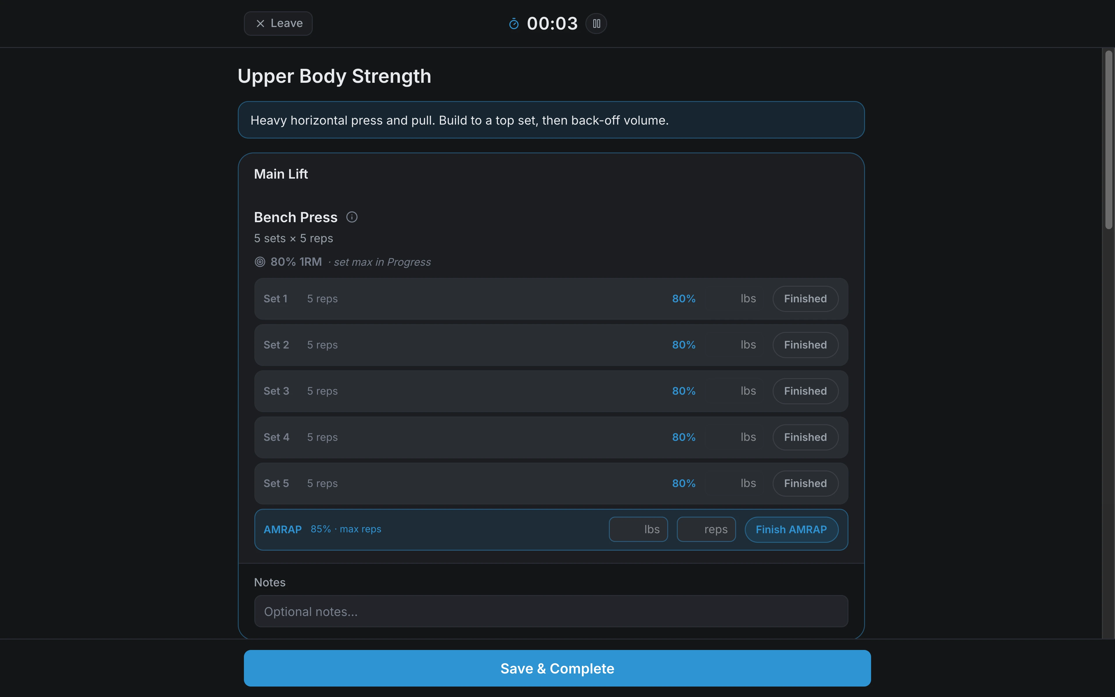 An athlete's session view of the same workout: five sets of Bench Press with target reps and load, an AMRAP set, and a notes field