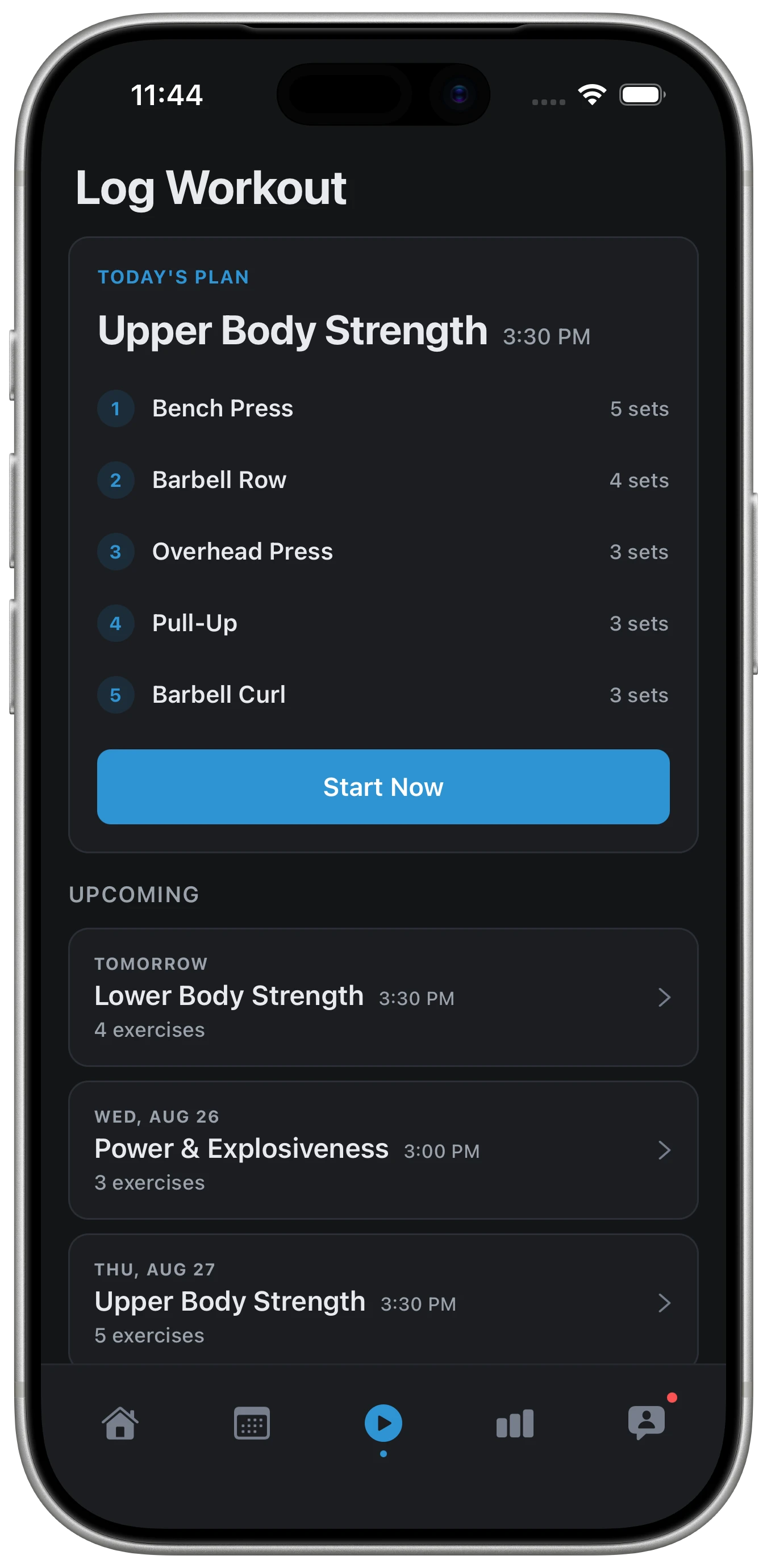 The Start screen in the iOS app: today's Upper Body Strength plan with a Start Now button and the week's upcoming sessions