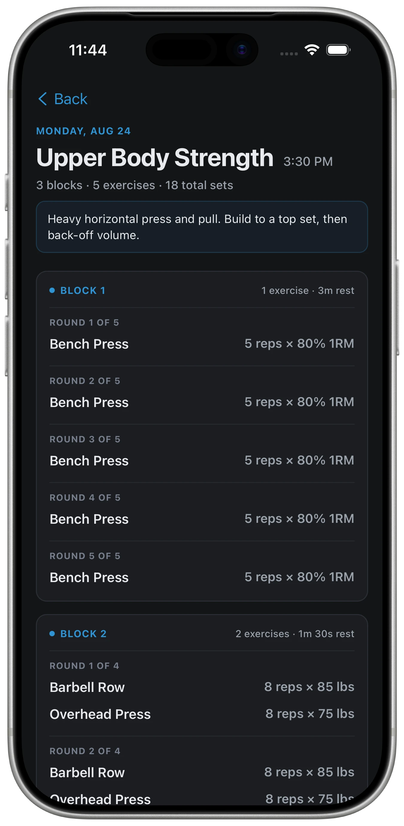 The Upper Body Strength session in the LiftSide iOS app: three blocks, a coach note, and Bench Press at 5 reps × 80% 1RM